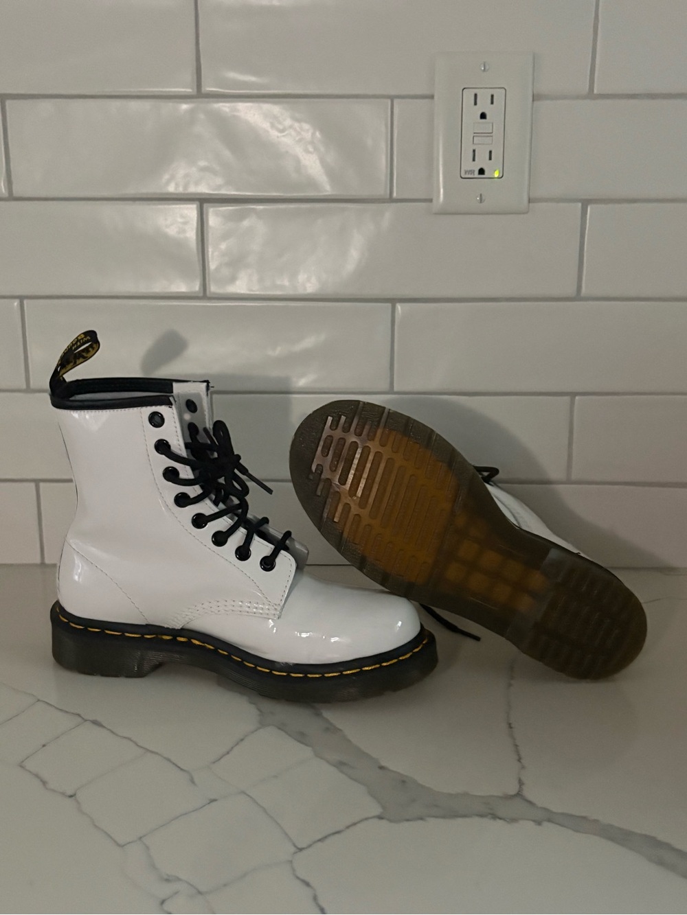 DR. MARTENS White Lace-Up Combat Boots with Black Laces